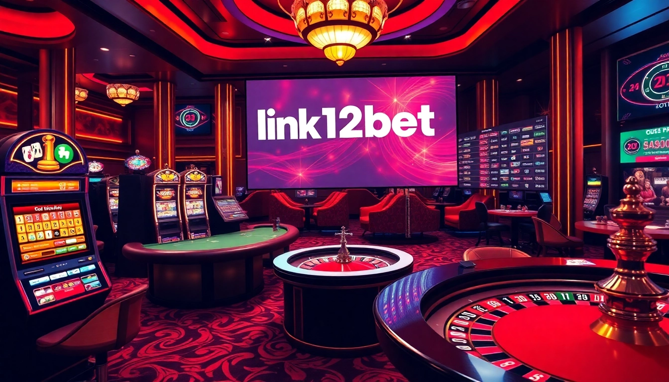 Link 12bet experience in a luxurious casino environment, showcasing vibrant slot machines and betting tables.