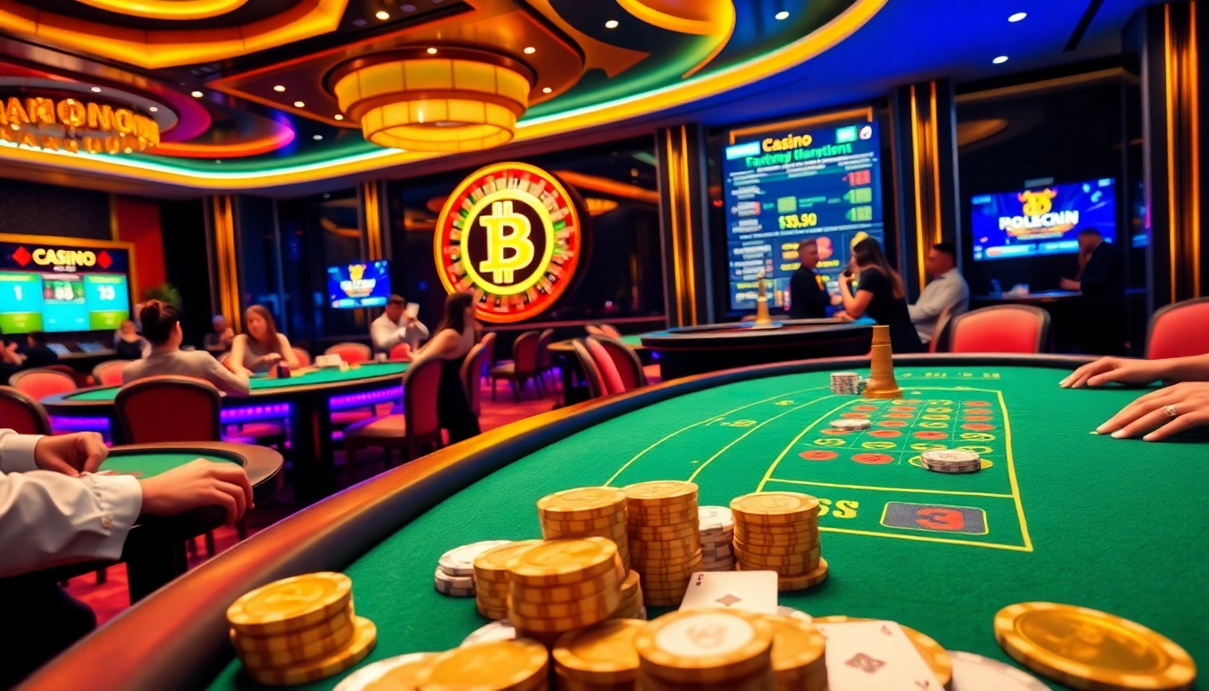 Des joueurs profitant de jeux palpitants dans un casino BTC avec des interfaces numériques et une ambiance luxueuse.