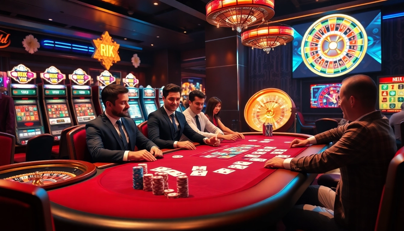 Action-packed poker game at rik vip's luxurious casino setting, showcasing vibrant chips and cards.