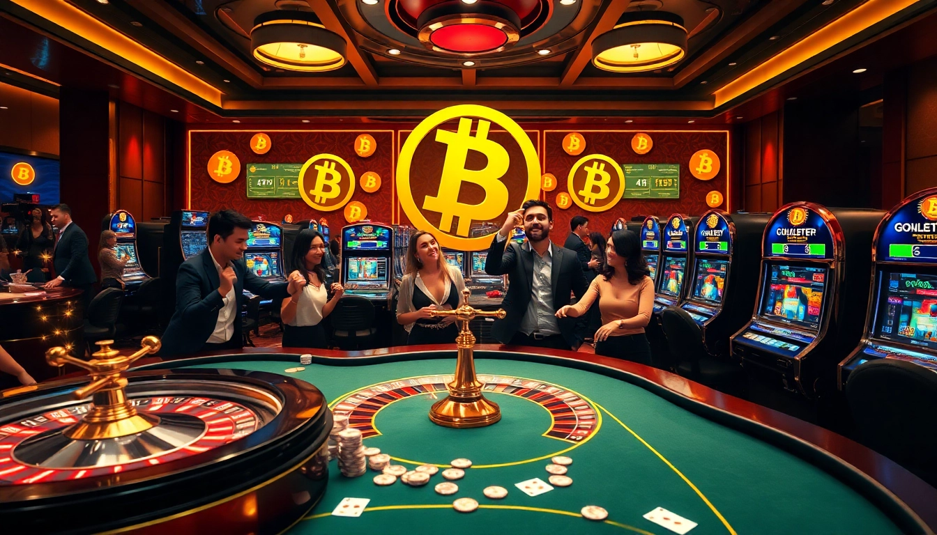 Excited players enjoying games at a casino en ligne Bitcoin with poker chips and vibrant slot machines.