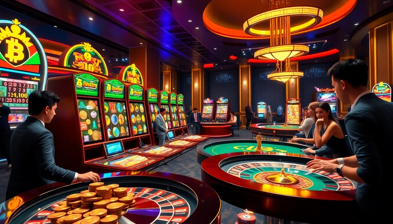 Gamblers enjoying a vibrant casino en ligne Bitcoin experience with slot machines and roulette.