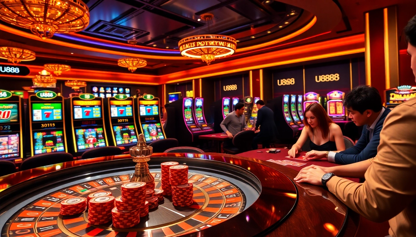 Excited gamblers enjoying games at U888's luxurious online casino environment.