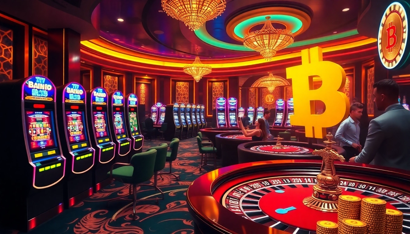 Experience the excitement of a btc casino with vibrant gaming scenes and Bitcoin-themed decor.