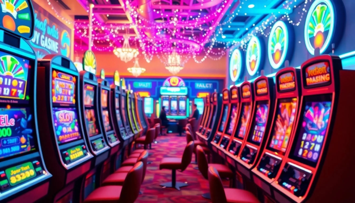 Jouez à des machines à sous gratuites en ligne dans un casino animé et coloré avec des jeux variés.