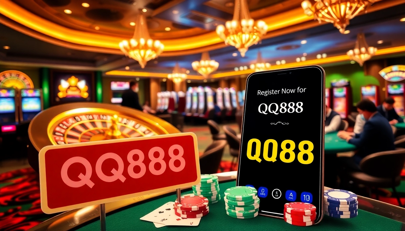 Register for QQ88 and experience the thrill of casino gaming with vibrant visuals of roulette and poker.