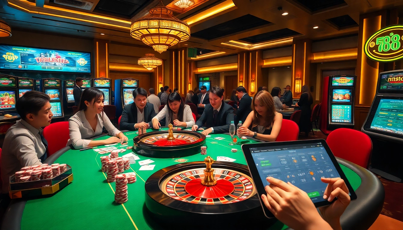 Experience the excitement of F88BET with players enjoying poker and roulette in a vibrant casino setting.